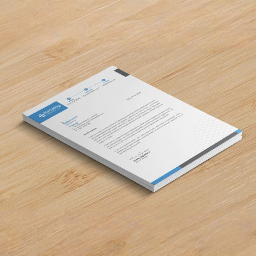 Professional letterhead printing with custom business branding and premium quality paper